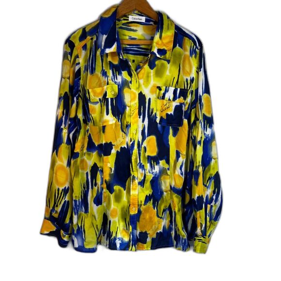 Calvin Klein Bold Abstract Blouse Button Front Silky Artsy Size 2X* Watercolor - Picture 1 of 9